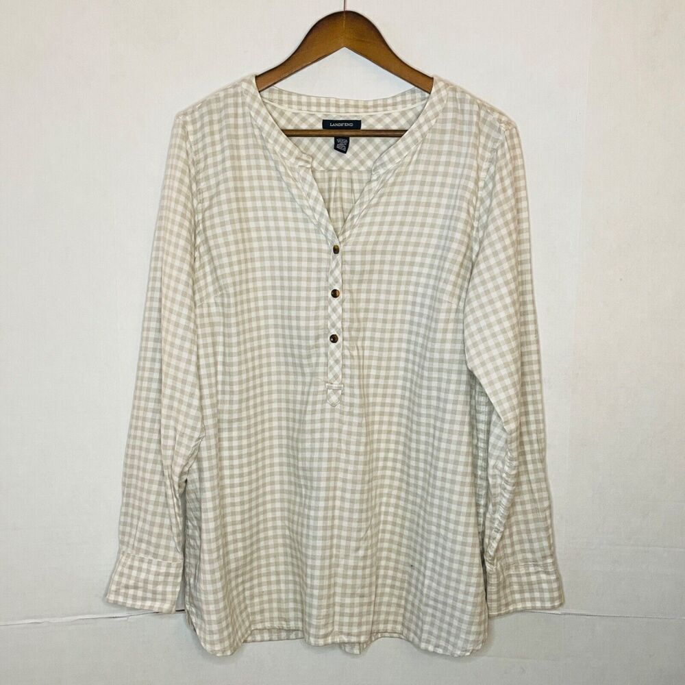 Lands' End Size 14 Flannel Top - Gray Gingham 100% Cotton Collarless